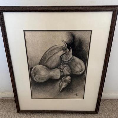 Framed Charcoal Fruit Still Life Ann Noel 1978