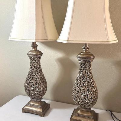 Ornate Polyresin Intricate Gold Colored Table Lamp Pair 36” Tall