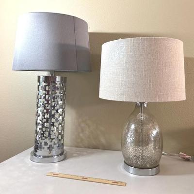 Brushed Steel Modern Table Lamp 28” Tall & Storm Glass Silver Base Lamp 24” Tall