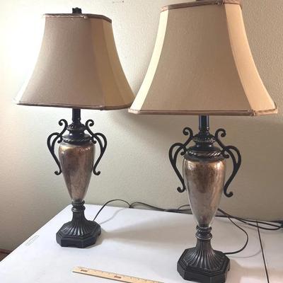 Dark Brown Bell Shaped Glass & Metal Table Lamp Pair 35” Tall