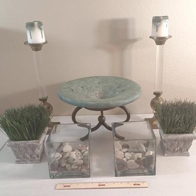 Decor - Brass Candlesticks, Bowl, Faux Plants,++