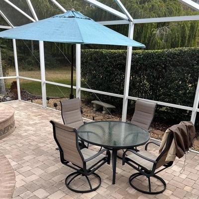 Outdoor Patio Glass Top Table & Chairs + 11ft Umbrella 