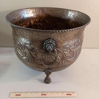 Made In India Brass Decor Pot W/ Lions, 16 In Round X 13 Tall