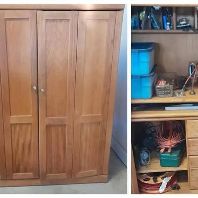 Oak Storage Cabinet with Folding Doors, Power Tools & Hardware Collection