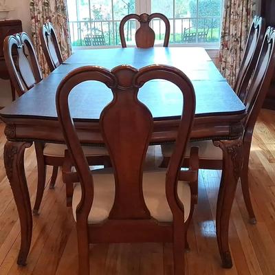 Formal Dining Table with Two Leaves, Six Chairs & Protective Cover