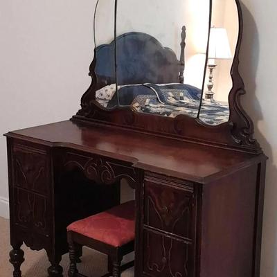 Vintage Mahogany Vanity with Mirror & Upholstered Seat