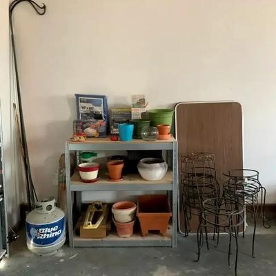 Garden & Patio Accessories Including Plant Stands, Pots, Shelving, and Tables