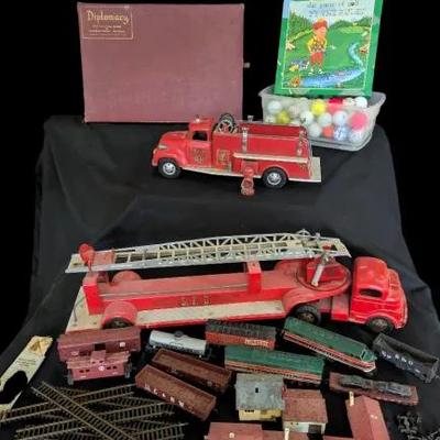 SFD & Tonka Vintage Metal Fire Truck Collection with Train Cars, Track & Diplomacy Game