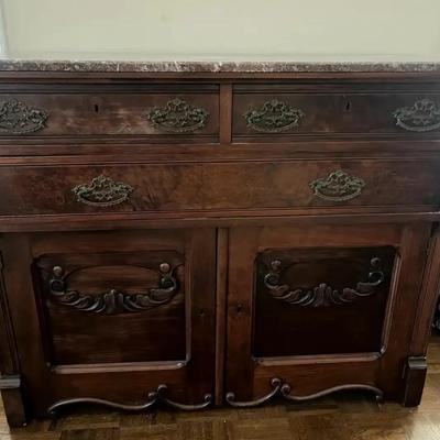 Antique Ornate Sideboard Cabinet with Marble Top