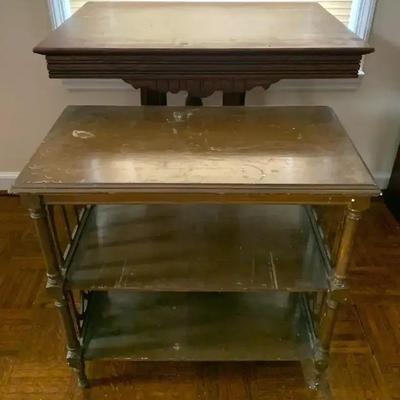 Ornate Side Tables Featuring Dark Wood Rolling Table & Two-Shelf Table