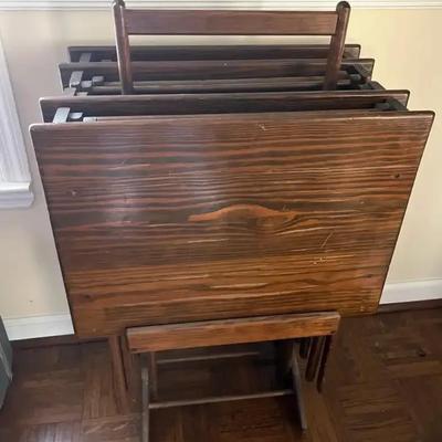 Vintage Solid Wood TV Tray Table Set with Four Trays