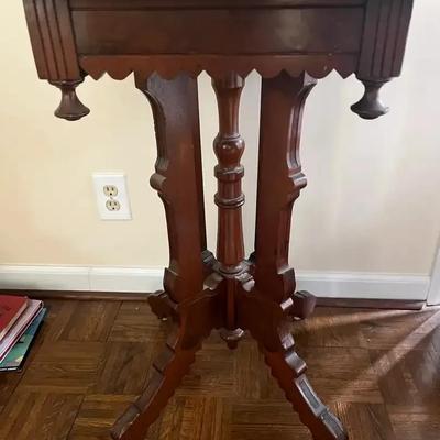 Victorian-Style Marble Top Parlor Table with Carved Walnut Base & Casters