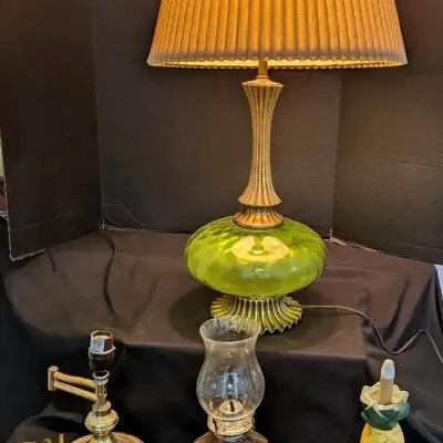 Four Table Lamp Collection featuring Green Glass Globe & Brass-Tone Accents