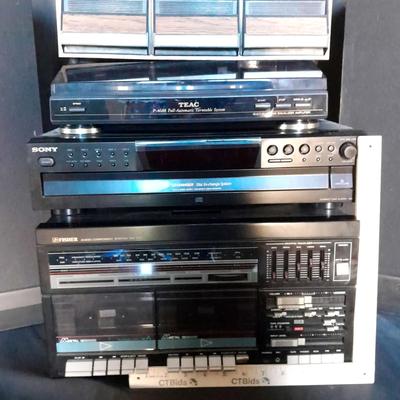 Fisher Stereo System with Speakers, TEAC Turntable, Sony 5-Disc CD Changer & Cassette Collection