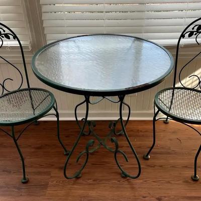 Green Wrought Iron Bistro Set with Glass-Top Table & Chairs