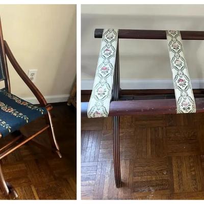 Antique Folding Rocking Chair with Needlepoint Upholstery & Folding Luggage Rack