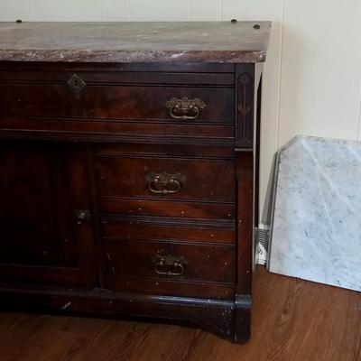 Antique Marble-Top Washstand on Wheels with Brass Handles