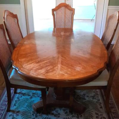 Wooden Dining Table with Six Matching Upholstered Chairs