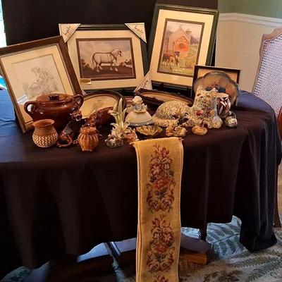 Decorative Home Décor Collection with Framed Prints, Stoneware, Figurines & Textile Accent