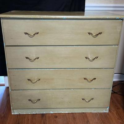 Vintage Sage Green 4-Drawer Wooden Dresser with Brass Handles
