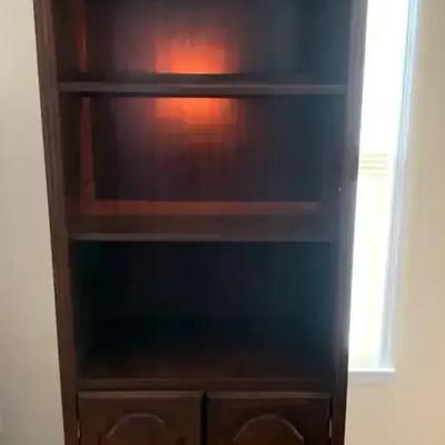 Broyhill Lighted Dark Wood Bookcase with Lower Cabinet