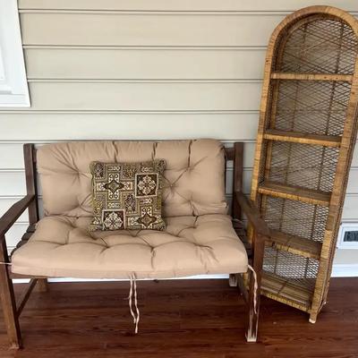 Wooden Bench with Cushion & Pillow and Five-Tier Wicker Shelf