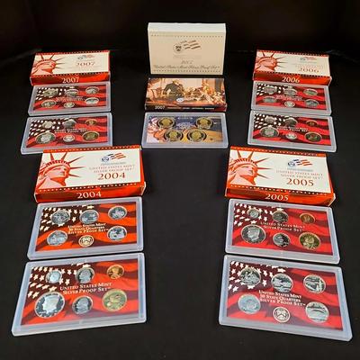 United States Mint 2004, 2005, 2006 & 2007 Silver Proof Sets & 50 State Quarters Silver Proof Coins