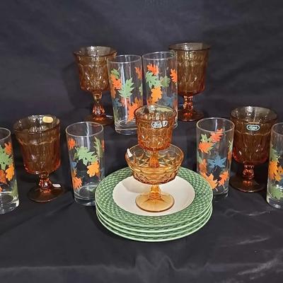 Noritake Perspective Amber Cut Glassware with Pier 1 Leaf Design Glasses & Bowls