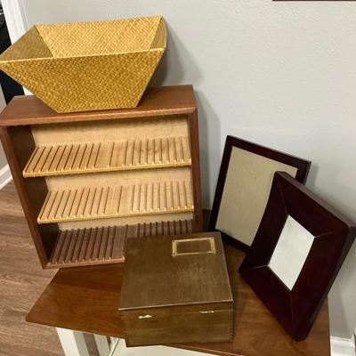 Assorted Items, Including Wooden Cd Rack, Wooden Box Frames And Woven Basket