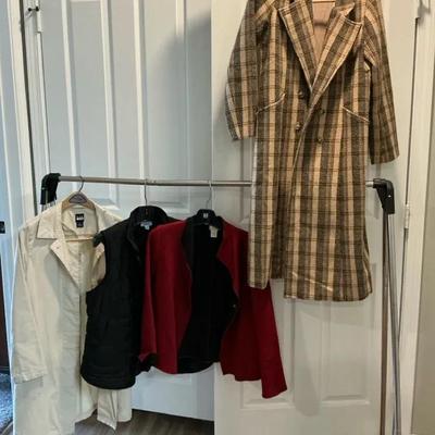 Women’s Fashion Coat & Jacket Lot – Plaid Long Coat, Cream Trench, Puffer Vest & Red/Black Jacket