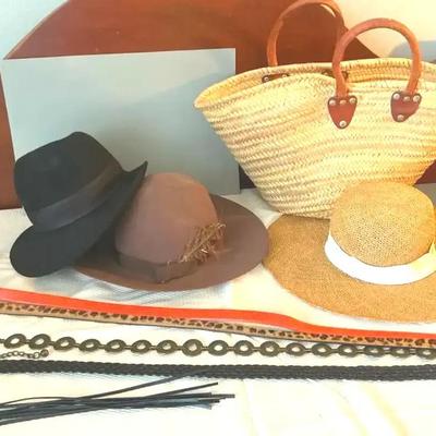 Lot Of Hats, Belts, And Woven Bag
