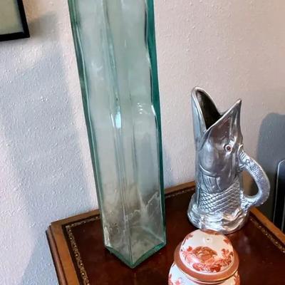 Decor- Asian Quin Long Ginger Jar, Metal Figures And Dramatic Vase and Piece 