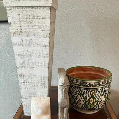 Decorative Planter, Carved Stone Bookends (2) & Tall White Vase 