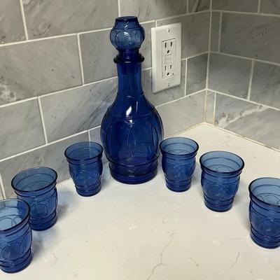 Cobalt Blue Glass Decanter with 6 Matching Tumblers