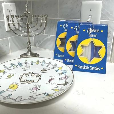 Judaica Holiday Lot – Plate, Menorah & Hanukkah Candle
