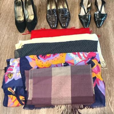 Women’s Accessories Lot – 3 Pairs Dress Shoes & Assorted Fashion Scarves