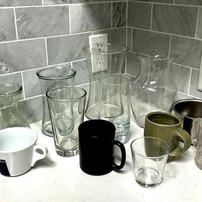Stainless Steel Cup, And UnuAssorted Glasses, Vases, Stainless Steel Cup, And Unused Vanilla Candle