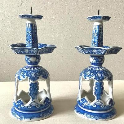 Pair Of Blue And White Porcelain Candlesticks