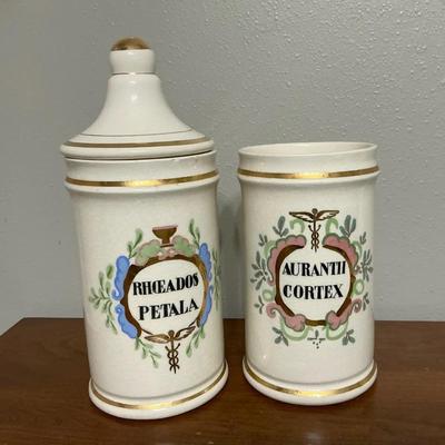 Vintage Apothecary Style Ceramic Jars – Rheados Petala & Aurantii Cortex – Gold Trim