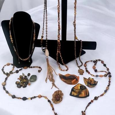 Handmade By Nancy Denmark-Red/Golden Tigereye Glass Beads Necklaces, Brooches, Loose Tigereye Jade 