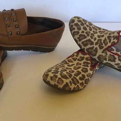Rothy’s Size 8 Cheetah Print Loafers And Aneli Brown Loafers With Pyramid Studs