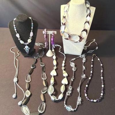 Jewelry In Purple, Black And White And Silver Tones, Including An Antares Venezia Necklace