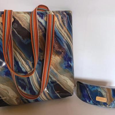 Consuela Blue/brown Marbled Shoulder Bag And Matching Sunglasses Case