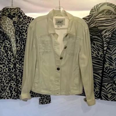 Distinct pieces of women's apparel with contrasting patterns and styles