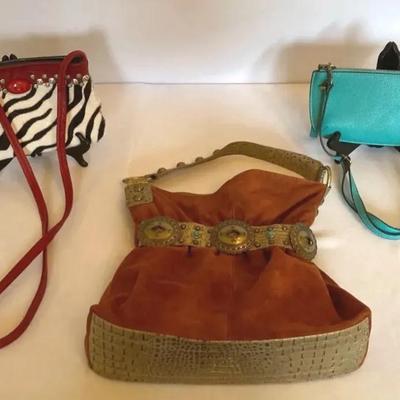 Kathy Van Zeeland Large Faux Suede Bag With Conches & Turquoise  Accents + 2 Smaller Bags