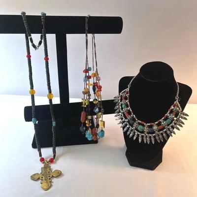 Ladakh Bib Necklace, Ethiopian Coptic Cross Necklace, & Multi-Strand Beaded Necklace