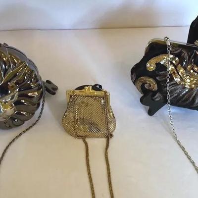 Vintage metallic lion head face clutch bag, Lulu Townsend Black & Gold Embellished Handbag 