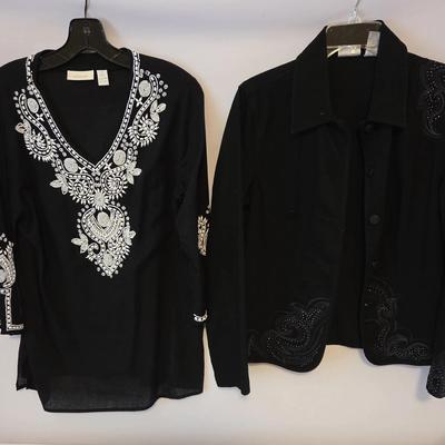CHICO'S Platinum Denim Jacket & Black Beaded Linen Top