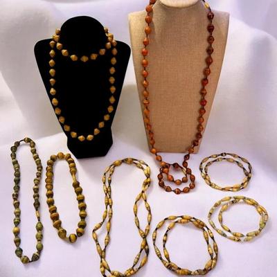 African Handmade- 4 Paper Mache Bead & 4 Rolled Paper Beads Long Seed Necklaces 