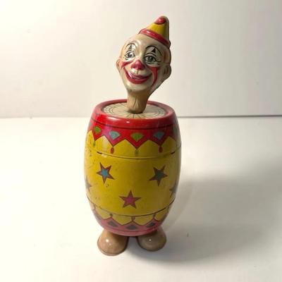 c1930s J Chein & Co. Tin Wind-up Toy, "Mechanical Clown Barrel Walker" | Works!